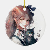 キャットウォーターを持つアニメガールポートレート セラミックオーナメント (裏面)