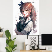 キャットウォーターを持つアニメガールポートレート ポスター (ホームオフィス)