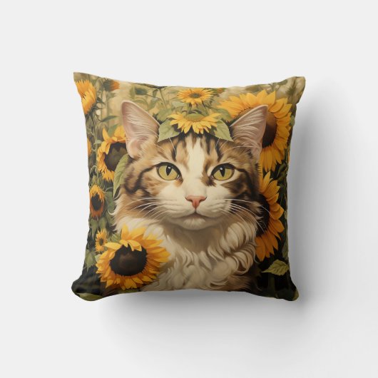 キャットウォーター色ひまわり絵画フローラ クッション (正面)