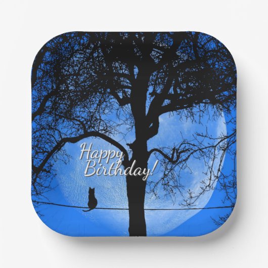 キャットオンザワイヤーブルームーンハッピーバースデー ペーパープレート (正面)