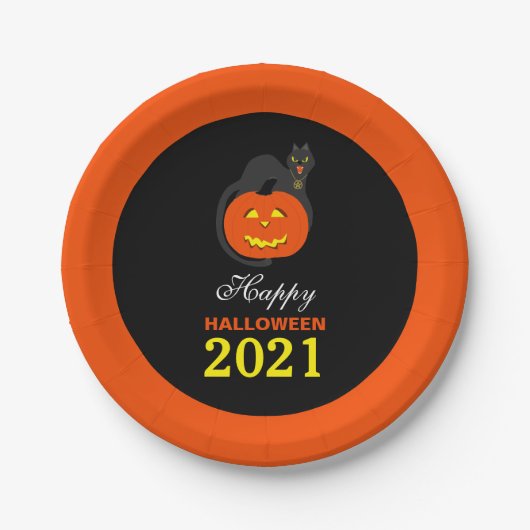 キャットオンパンプキンハッピーハローウィン ペーパープレート (正面)