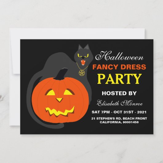 キャットオンパンプキンハロウィーンドファンシーレスパーティー 招待状 (正面)