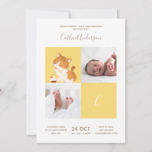 キャットカップケーキ・アルファベットモノグラムかわいい赤ちゃんシャワー 招待状 (正面)