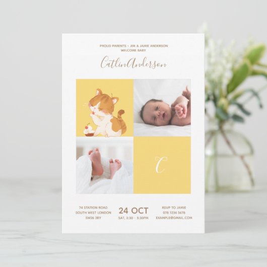 キャットカップケーキ・アルファベットモノグラムかわいい赤ちゃんシャワー 招待状 (スタンド正面)
