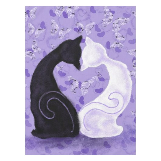 キャットカップル蝶のハート紫色のテーブルクロス テーブルクロス (正面)