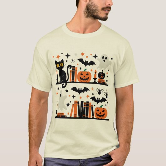 キャットカボチャこうもりスパイダーハロウィンブックキャンドル Tシャツ (正面)
