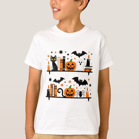 キャットカボチャこうもりスパイダーハロウィンブックキャンドル Tシャツ (正面)