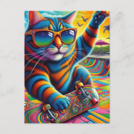 キャットカラフルストライプのスケートボード ポストカード