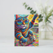 キャットカラフルストライプのスケートボード ポストカード (スタンド正面)