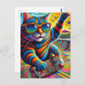 キャットカラフルストライプのスケートボード ポストカード (正面/裏面)