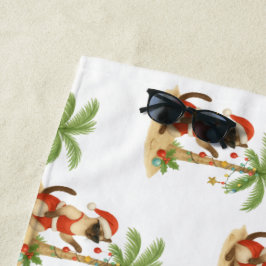 キャットクリスマスイン7月ハワイアンレッドハイビスカスフラワー ビーチタオル