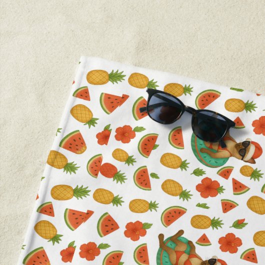 キャットクリスマスイン7月ハワイアンレッドハイビスカスフラワー ビーチタオル (インサイチュ)