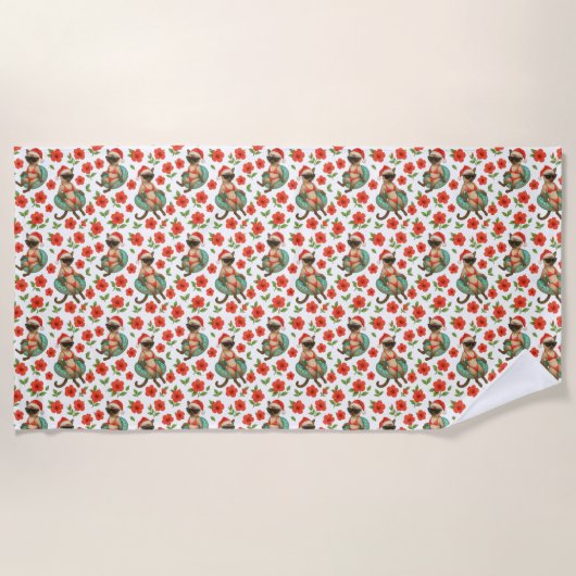 キャットクリスマスイン7月ハワイアンレッドハイビスカスフラワー ビーチタオル (正面)