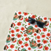 キャットクリスマスイン7月ハワイアンレッドハイビスカスフラワー ビーチタオル (インサイチュ)