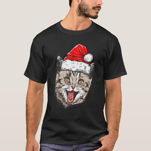 キャットクリスマスサンタハットクリスマス少年たち子供たちMeowy Tシャツ (正面)