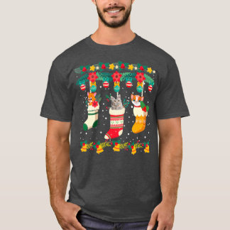 キャットクリスマスソックスクリスマスライトパジャママッチング Tシャツ