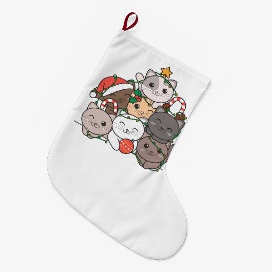 キャットクリスマスツリーおもしろいアニマルクリスマスホリデー ラージクリスマスストッキング (正面 (吊り時))