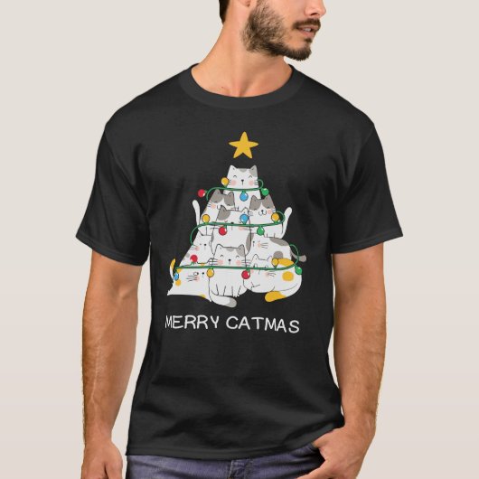 キャットクリスマスツリーメリーカトマスメオイクリスマス Tシャツ (正面)