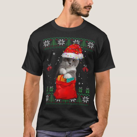 キャットクリスマスツリーライツサンタハット猫好き Tシャツ (正面)