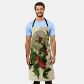 キャットクリスマスホリメリーーキットンアンティークアート エプロン (着用した状態)