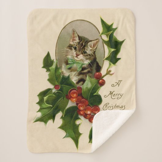 キャットクリスマスホリメリーーキットンアンティークアート シェルパブランケット (正面)