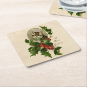 キャットクリスマスホリメリーーキットンアンティークアート スクエアペーパーコースター (アングル)