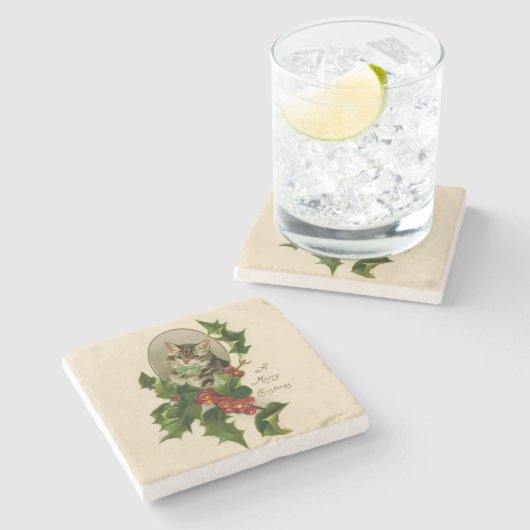 キャットクリスマスホリメリーーキットンアンティークアート ストーンコースター (横)