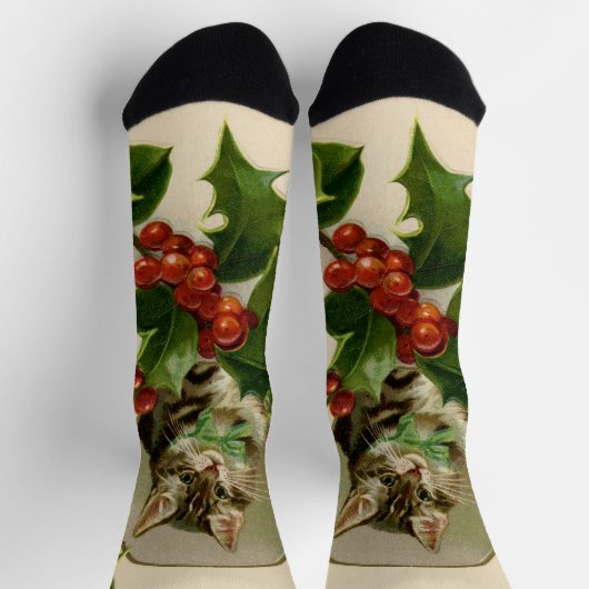 キャットクリスマスホリメリーーキットンアンティークアート ソックス (上部)