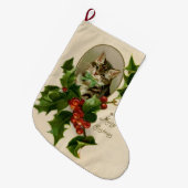 キャットクリスマスホリメリーーキットンアンティークアート ラージクリスマスストッキング (正面 (吊り時))