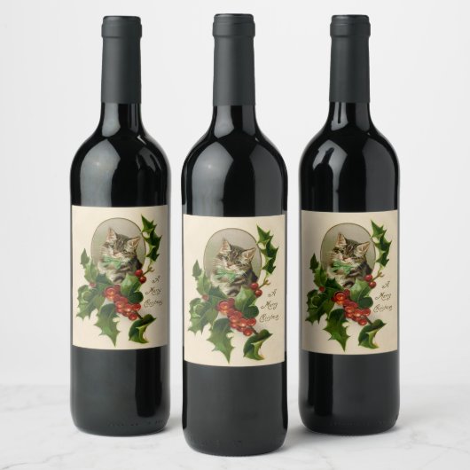 キャットクリスマスホリメリーーキットンアンティークアート ワインラベル (ボトル)