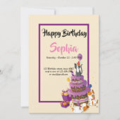キャットケーキパープルバースデーカード 招待状 (正面)
