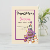 キャットケーキパープルバースデーカード 招待状 (スタンド正面)