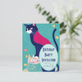 キャットケープバースデーパーティー招待ターコイズネイビー シーズンカード (スタンド正面)
