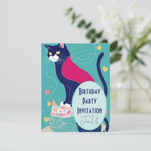 キャットケープバースデーパーティー招待ターコイズネイビー シーズンカード (スタンド正面)