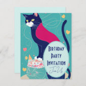 キャットケープバースデーパーティー招待ターコイズネイビー シーズンカード (正面/裏面)