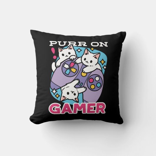 キャットゲーマーデザイン- Purr On Gamer Joystick Art クッション (正面)