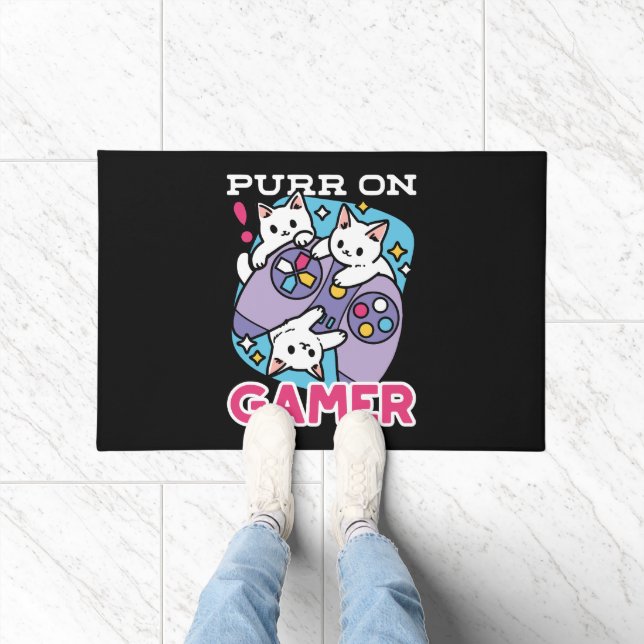 キャットゲーマーデザイン- Purr On Gamer Joystick Art ドアマット (室内)