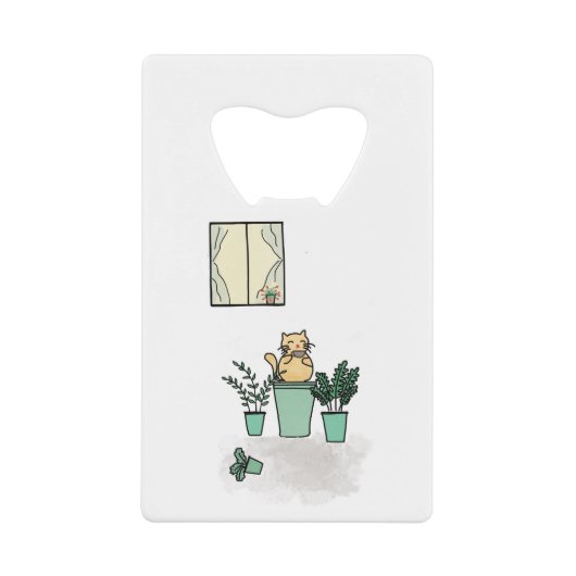 キャットコーヒーウィンドウ植物プランターグリーン クレジットカード栓抜き (正面)