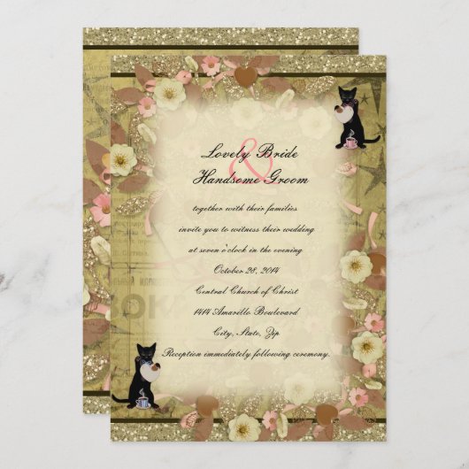 キャットコーヒーラバーズコラージュスタイル結婚式招待状 招待状 (正面/裏面)