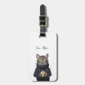 キャットコーヒー/紅茶のヴィンテージ水色セーター ラゲッジタグ (正面縦)