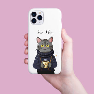 キャットコーヒー/紅茶のヴィンテージ水色セーター iPhone 15ケース
