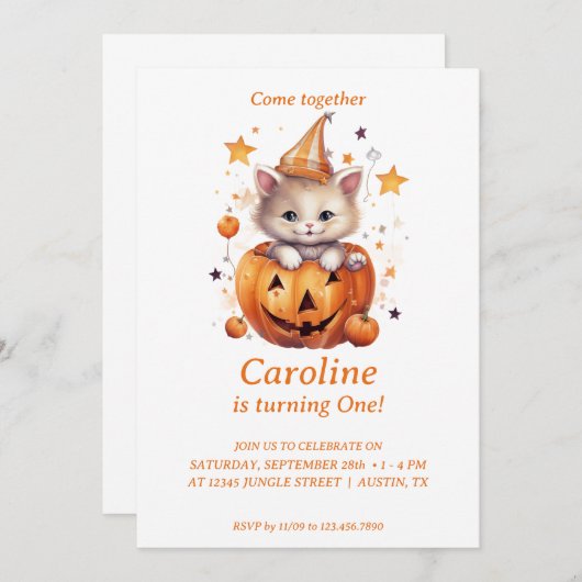 キャットサプライズinカボチャ:誕生日パーティーへの招待 招待状 (正面/裏面)