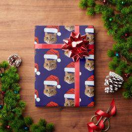 キャットサンタハットカスタム顔フォトクリスマス ラッピングペーパー