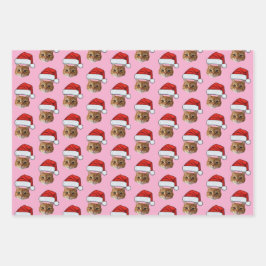 キャットサンタハット | カスタム顔フォトピンクのクリスマス ラッピングペーパーシート