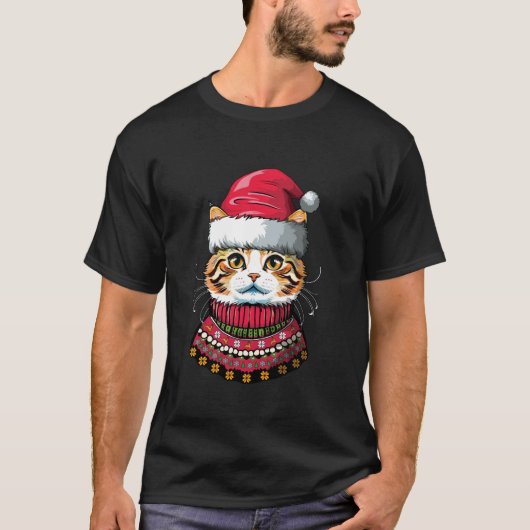 キャットサンタハッピークリスマスおもしろいの醜いクリスマス Tシャツ (正面)