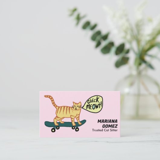 キャットシッターかわいいチェックMeowt猫の子猫の子猫の子猫 名刺 (スタンド正面)