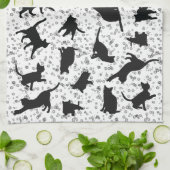 キャットシルエットブラック&ホワイトドードルバブル キッチンタオル (折り畳み)