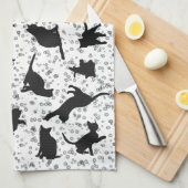 キャットシルエットブラック&ホワイトドードルバブル キッチンタオル (四つ折り)