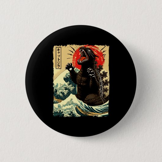 キャットジラおもしろ日本風 缶バッジ (正面)