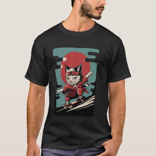 キャットスケートボー日本のディングヴィンテージ浮世絵 Tシャツ (正面)